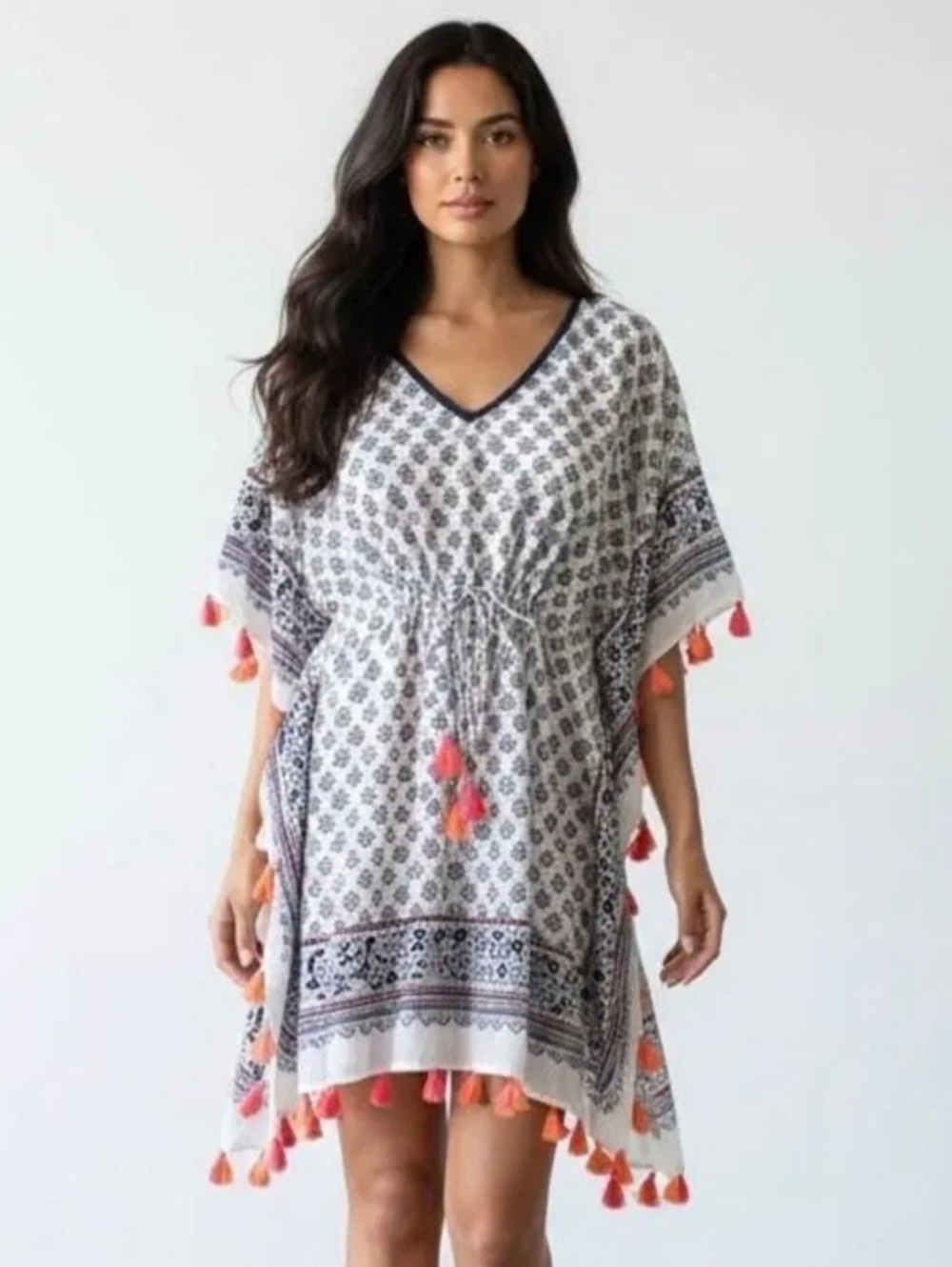 J.JILL Multicolor Floral Block Print Tie Waist Tassel Swim Cover Poncho  XL/3X